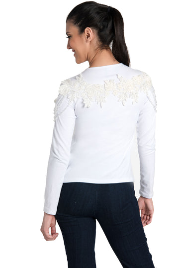 Long Sleeve White Top With Jeweled Neckline