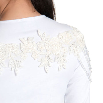 Long Sleeve White Top With Jeweled Neckline